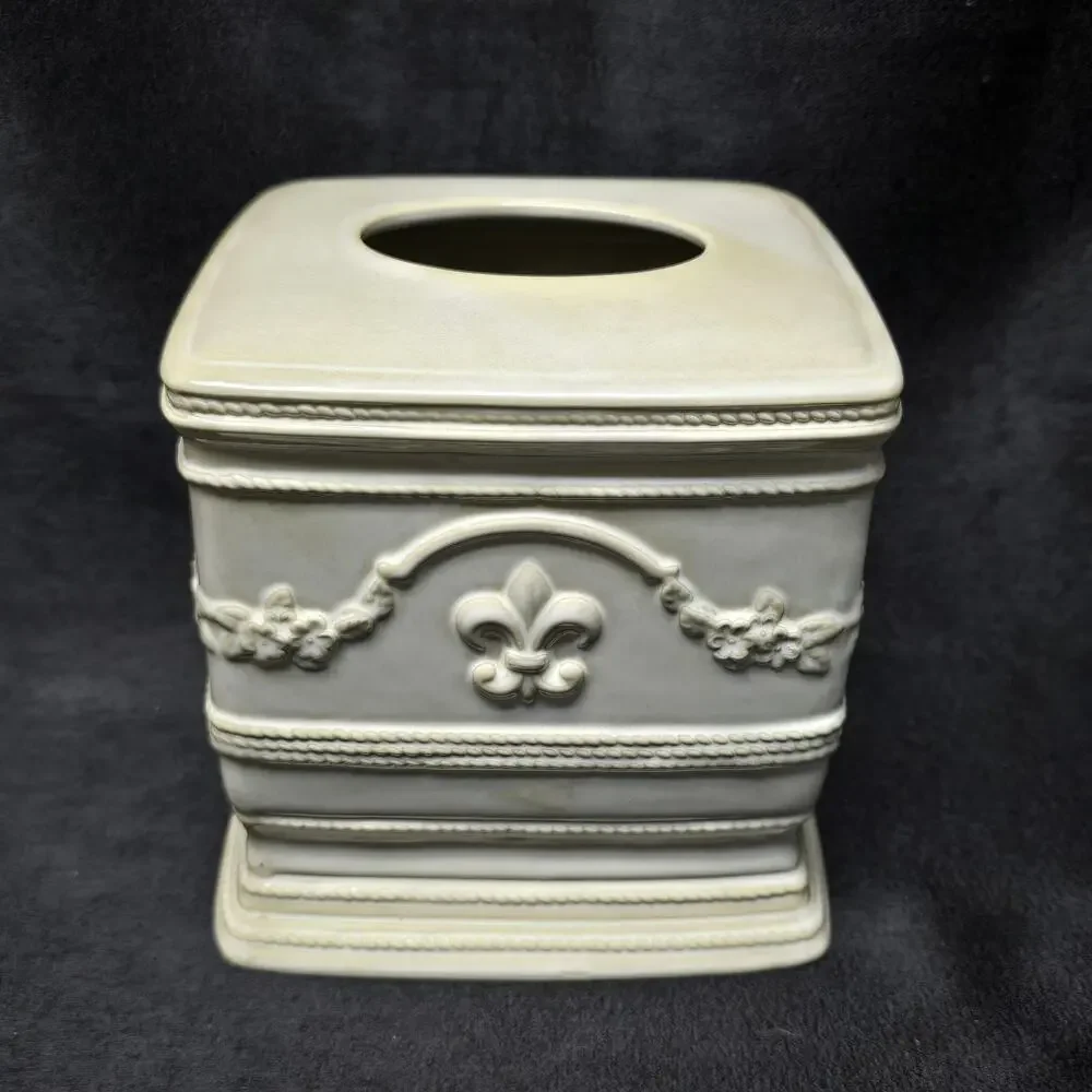 French Fleur De Lis Decorative Ceramic Tissue Box Cover Bathroom Vanity Decor